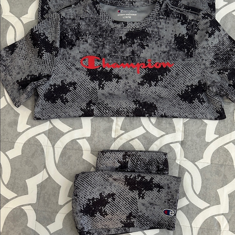 Champion Black and Gray Patterned Activewear Set